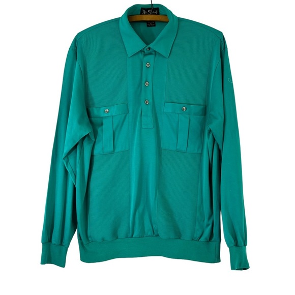 Retro Vintage Collared Pullover Blue Green Polo 2 Pocket Golf Shirt M - Picture 1 of 13